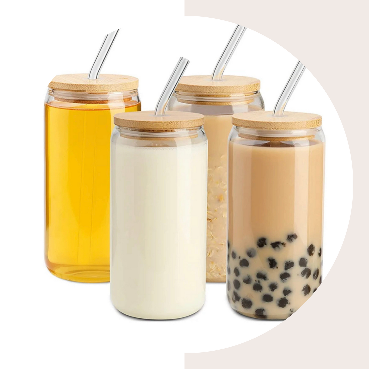 Vaso de Vidrio Con tapa de bambu y Popote