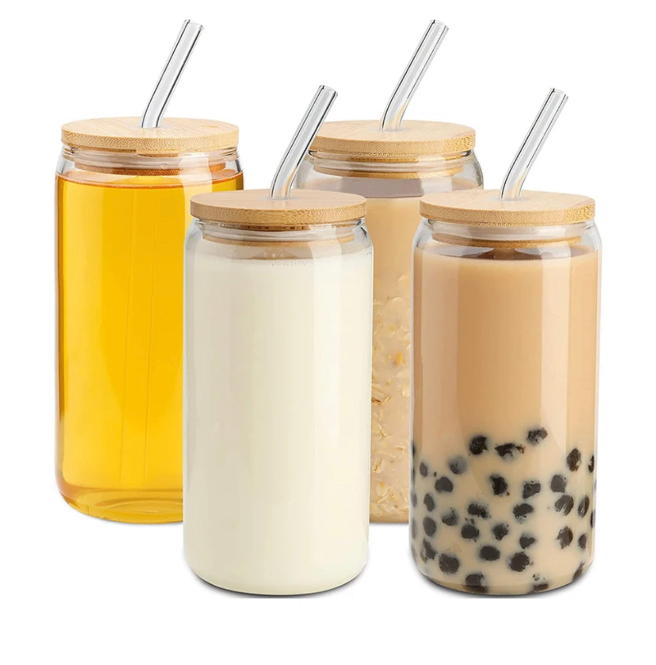 Vaso de Vidrio Con tapa de bambu y Popote